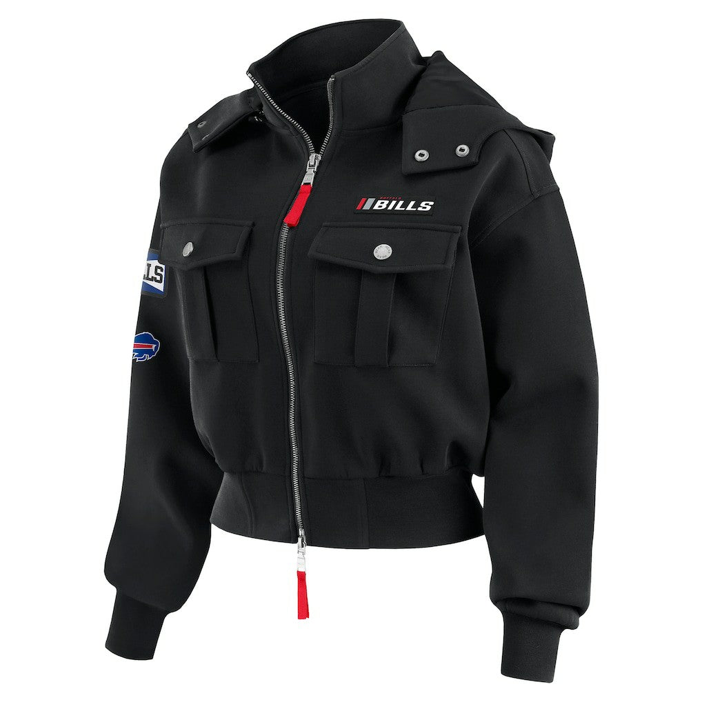 Buffalo Bills WEAR by Erin Andrews Women's Tri-Blend Patch Pocket Cropped Full-Zip Bomber Hoodie Jacket - Black discount