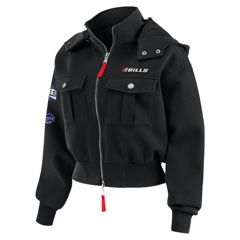 Buffalo Bills WEAR by Erin Andrews Women's Tri-Blend Patch Pocket Cropped Full-Zip Bomber Hoodie Jacket - Black discount