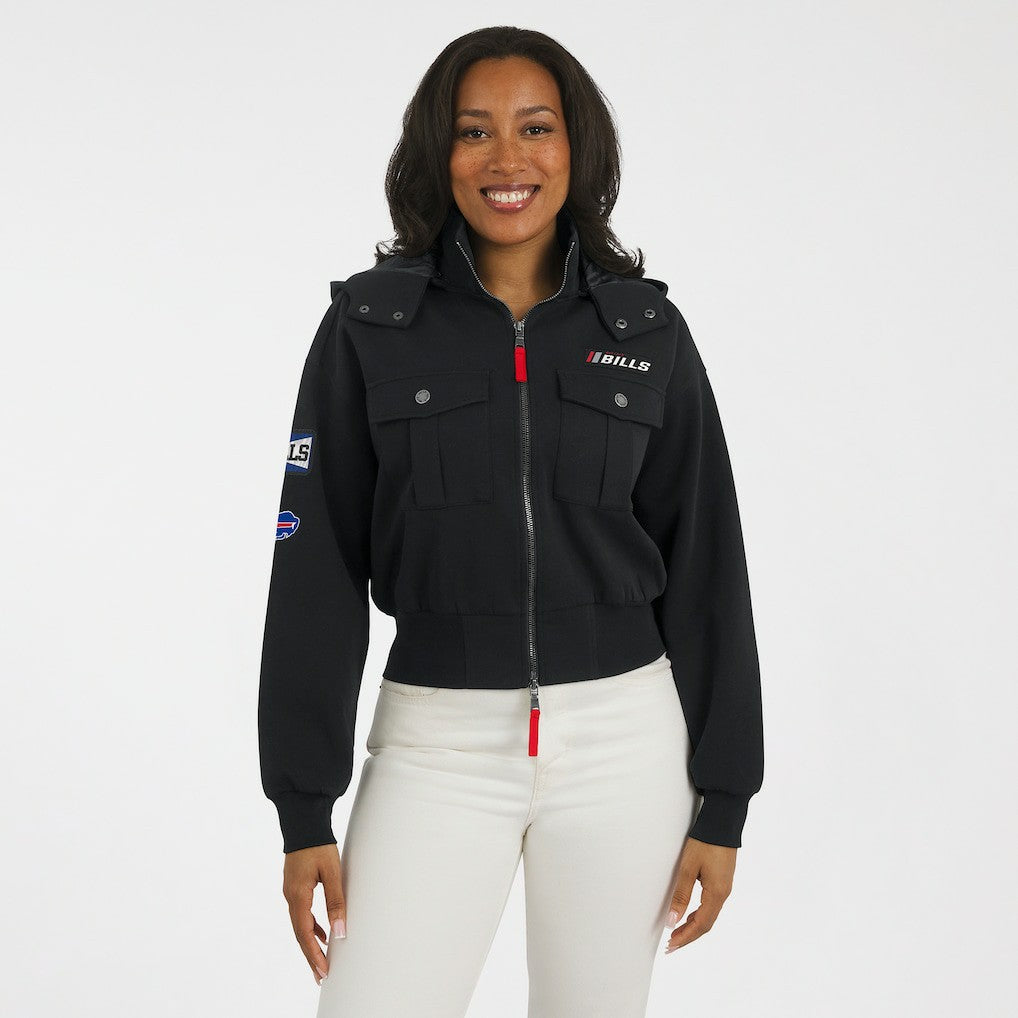 Buffalo Bills WEAR by Erin Andrews Women's Tri-Blend Patch Pocket Cropped Full-Zip Bomber Hoodie Jacket - Black discount