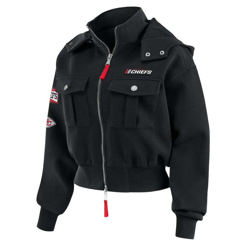 Kansas City Chiefs WEAR by Erin Andrews Women's Tri-Blend Patch Pocket Cropped Full-Zip Bomber Hoodie Jacket - Black online