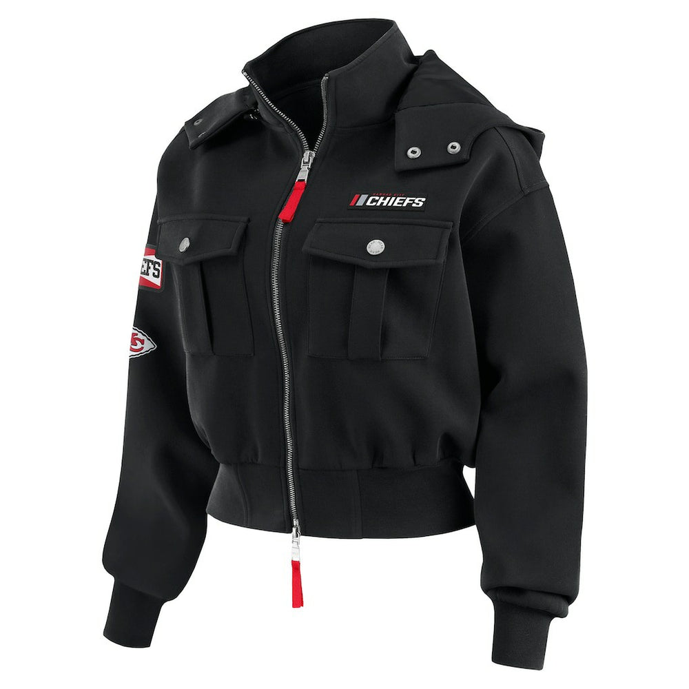 Kansas City Chiefs WEAR by Erin Andrews Women's Tri-Blend Patch Pocket Cropped Full-Zip Bomber Hoodie Jacket - Black online