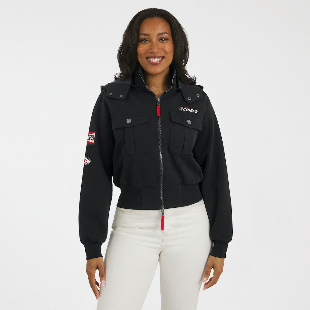 Kansas City Chiefs WEAR by Erin Andrews Women's Tri-Blend Patch Pocket Cropped Full-Zip Bomber Hoodie Jacket - Black online