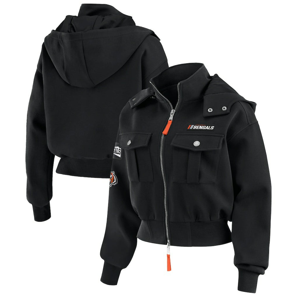 Cincinnati Bengals WEAR by Erin Andrews Women's Tri-Blend Patch Pocket Cropped Full-Zip Bomber Hoodie Jacket - Black for sale