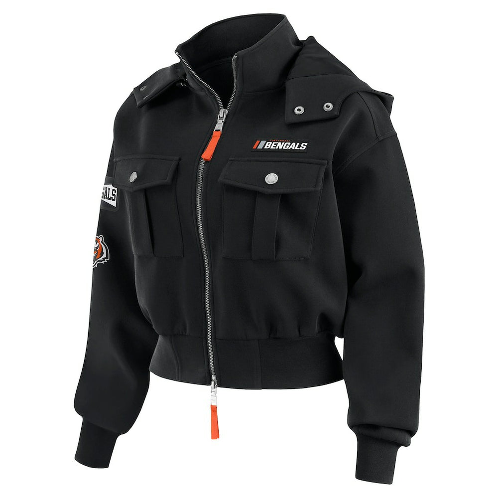 Cincinnati Bengals WEAR by Erin Andrews Women's Tri-Blend Patch Pocket Cropped Full-Zip Bomber Hoodie Jacket - Black for sale