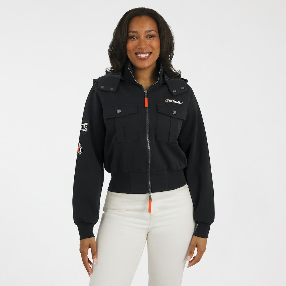 Cincinnati Bengals WEAR by Erin Andrews Women's Tri-Blend Patch Pocket Cropped Full-Zip Bomber Hoodie Jacket - Black for sale