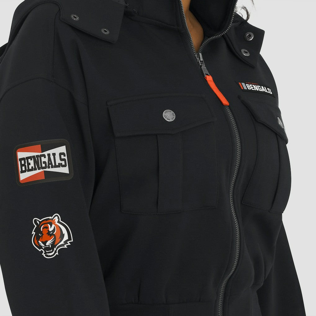 Cincinnati Bengals WEAR by Erin Andrews Women's Tri-Blend Patch Pocket Cropped Full-Zip Bomber Hoodie Jacket - Black for sale