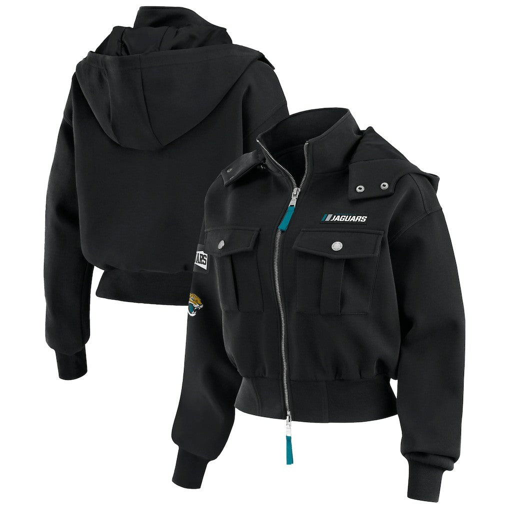 Jacksonville Jaguars WEAR by Erin Andrews Women's Tri-Blend Patch Pocket Cropped Full-Zip Bomber Hoodie Jacket - Black online