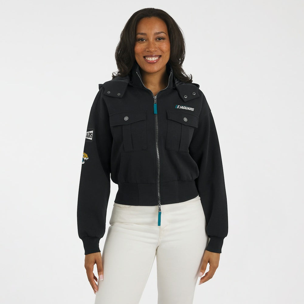 Jacksonville Jaguars WEAR by Erin Andrews Women's Tri-Blend Patch Pocket Cropped Full-Zip Bomber Hoodie Jacket - Black online