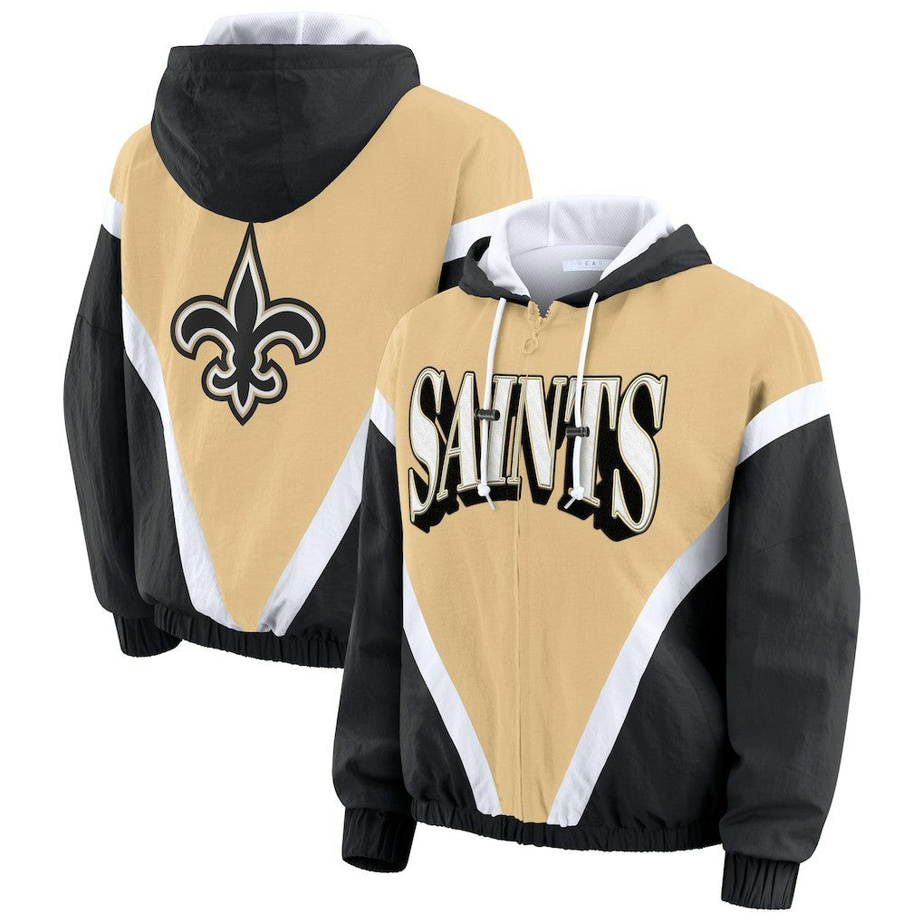New Orleans Saints WEAR by Erin Andrews Women's Retro Crinkle Full-Zip Hoodie Windbreaker - Gold/Black on sale