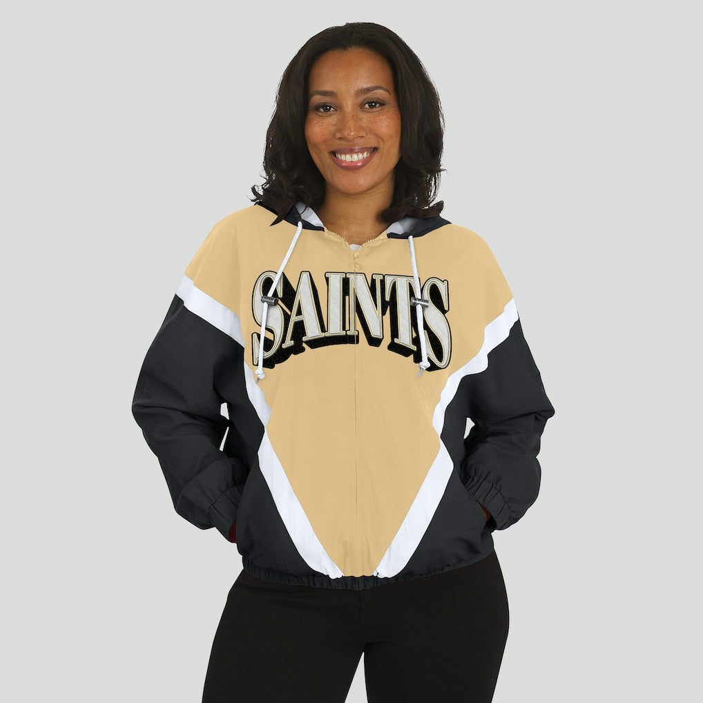 New Orleans Saints WEAR by Erin Andrews Women's Retro Crinkle Full-Zip Hoodie Windbreaker - Gold/Black on sale