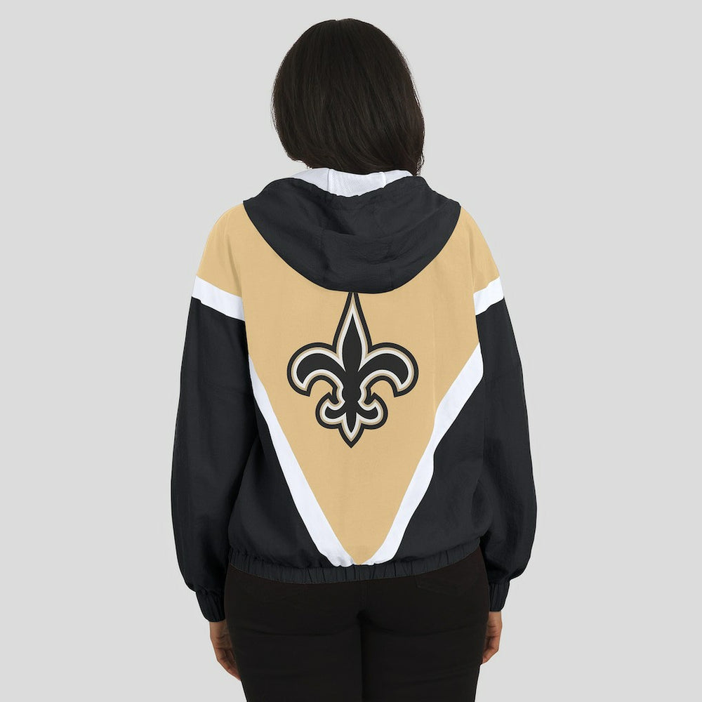 New Orleans Saints WEAR by Erin Andrews Women's Retro Crinkle Full-Zip Hoodie Windbreaker - Gold/Black on sale