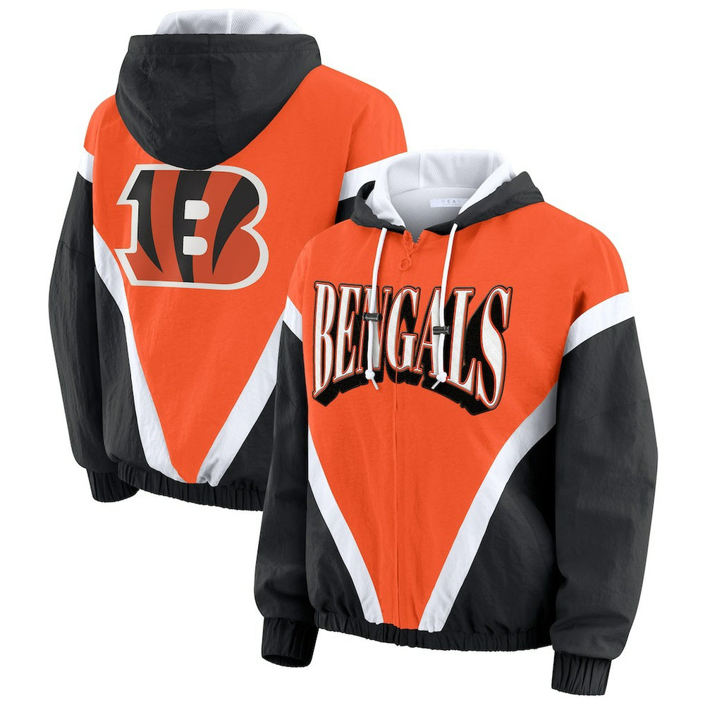 Cincinnati Bengals WEAR by Erin Andrews Women's Retro Crinkle Full-Zip Hoodie Windbreaker - Orange/Black online