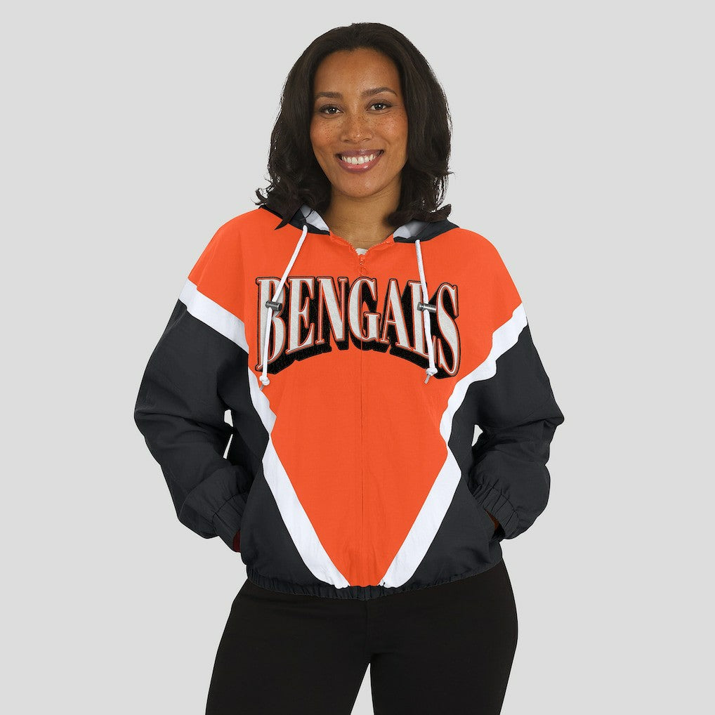 Cincinnati Bengals WEAR by Erin Andrews Women's Retro Crinkle Full-Zip Hoodie Windbreaker - Orange/Black online