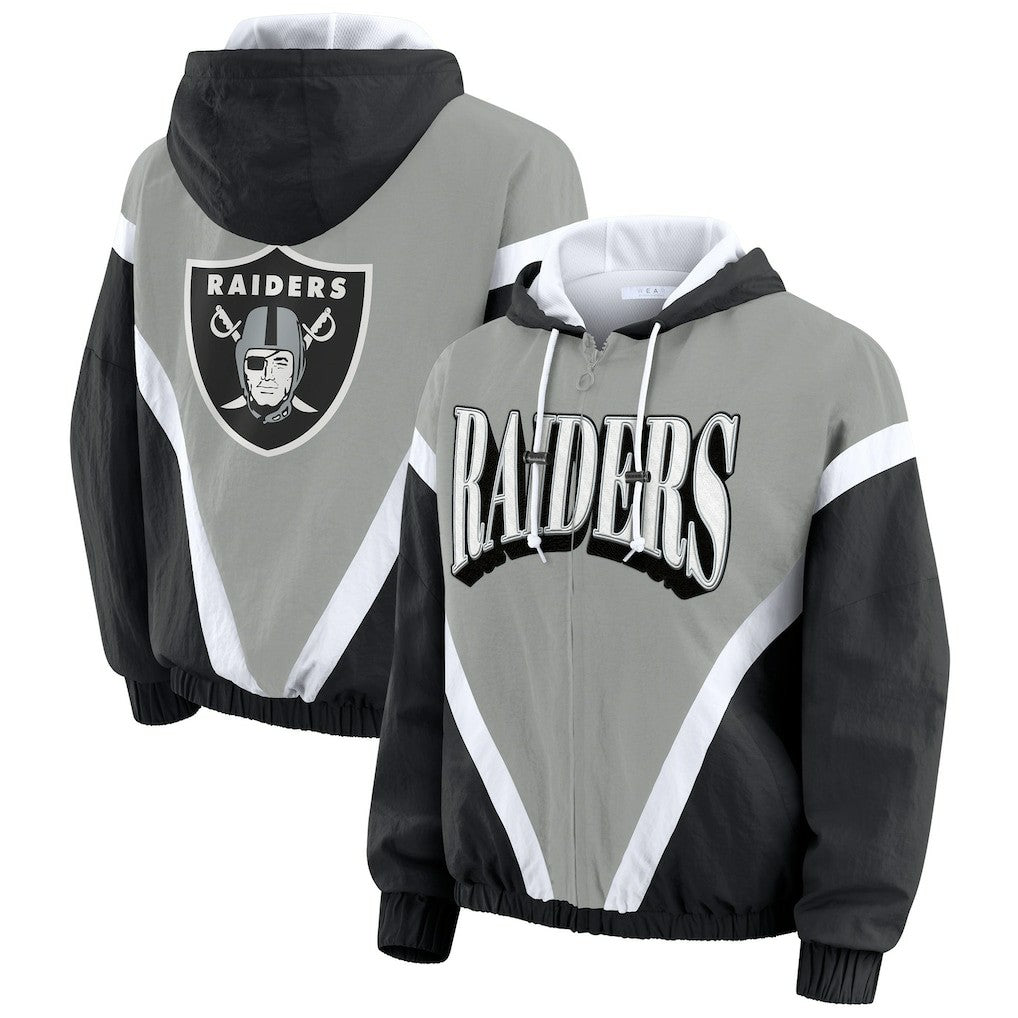 Las Vegas Raiders WEAR by Erin Andrews Women's Retro Crinkle Full-Zip Hoodie Windbreaker - Black/Silver on sale