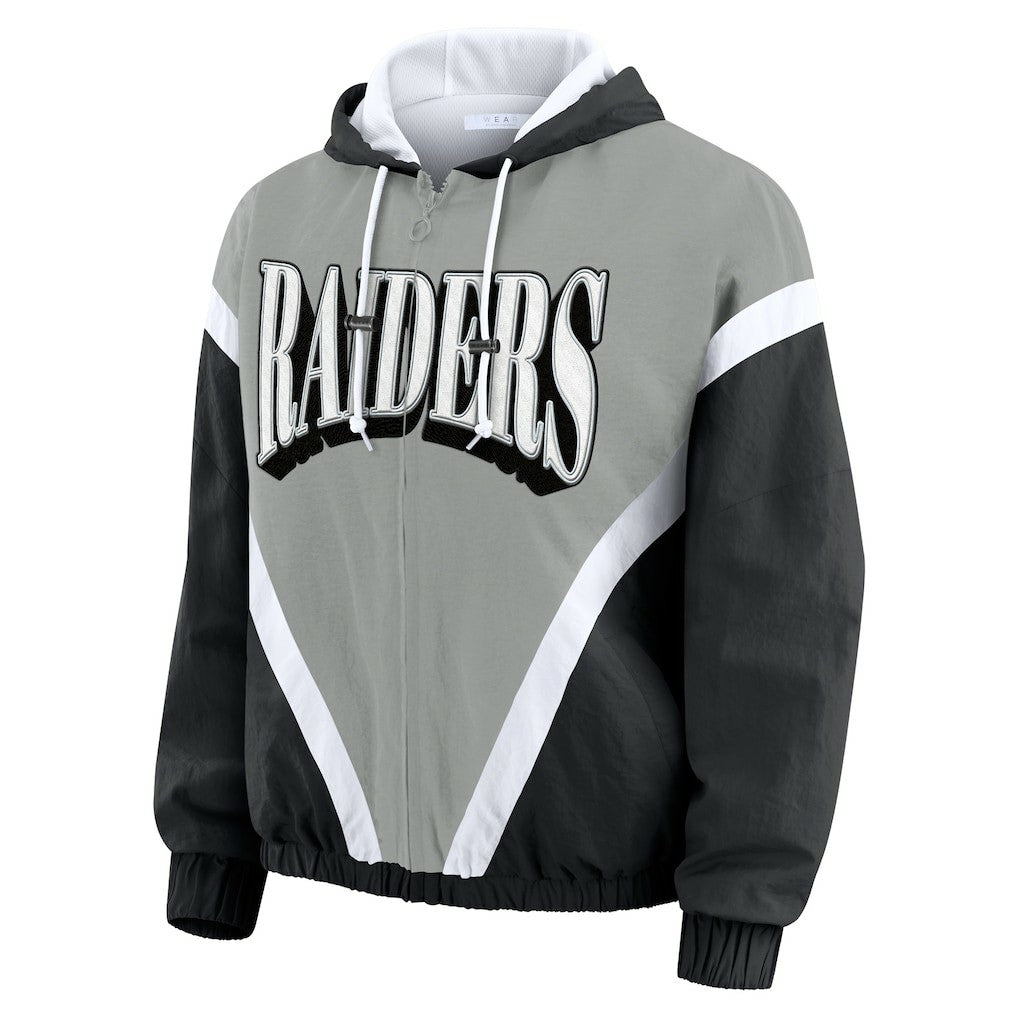 Las Vegas Raiders WEAR by Erin Andrews Women's Retro Crinkle Full-Zip Hoodie Windbreaker - Black/Silver on sale