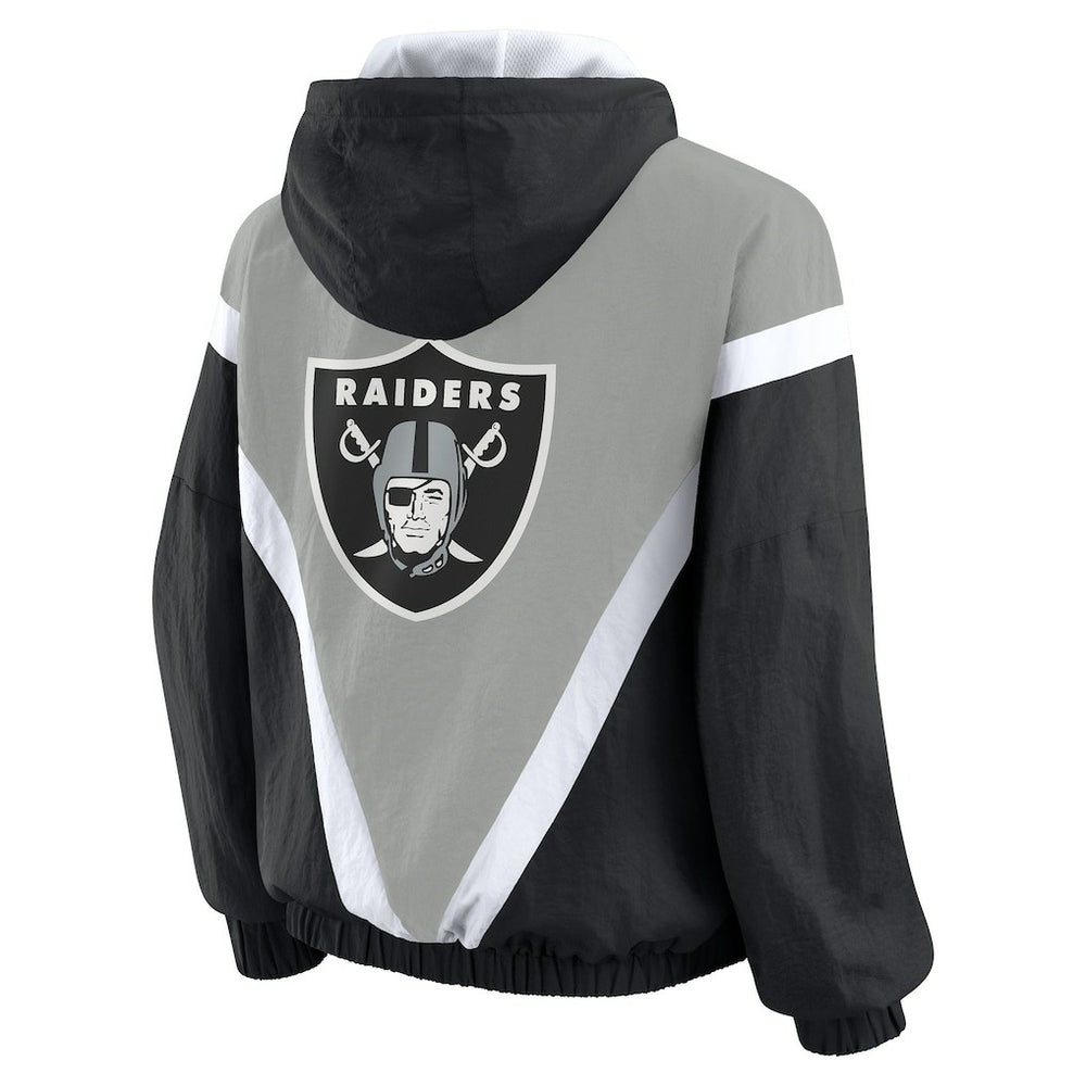 Las Vegas Raiders WEAR by Erin Andrews Women's Retro Crinkle Full-Zip Hoodie Windbreaker - Black/Silver on sale