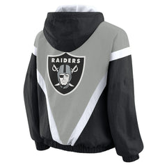 Las Vegas Raiders WEAR by Erin Andrews Women's Retro Crinkle Full-Zip Hoodie Windbreaker - Black/Silver on sale