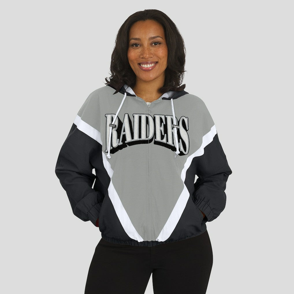 Las Vegas Raiders WEAR by Erin Andrews Women's Retro Crinkle Full-Zip Hoodie Windbreaker - Black/Silver on sale