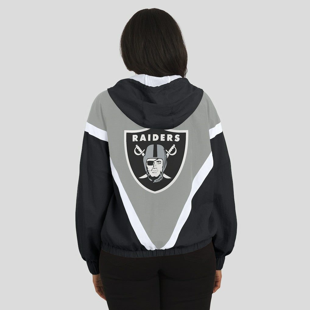 Las Vegas Raiders WEAR by Erin Andrews Women's Retro Crinkle Full-Zip Hoodie Windbreaker - Black/Silver on sale