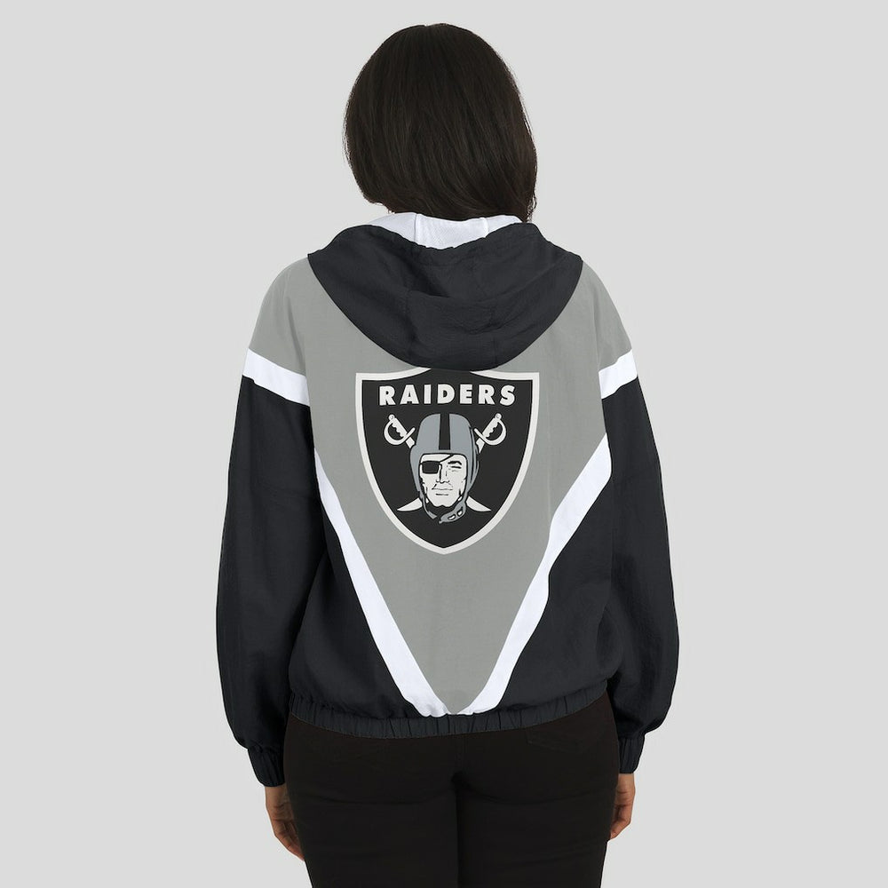 Las Vegas Raiders WEAR by Erin Andrews Women's Retro Crinkle Full-Zip Hoodie Windbreaker - Black/Silver on sale