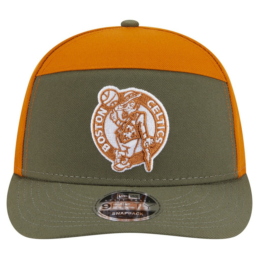 Boston Celtics Two-Tone Color Pack Split Panel 9FIFTY Adjustable Hat - Olive/Burnt Orange | New Era on sale