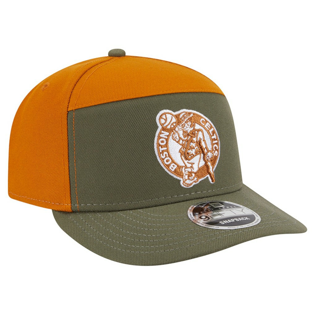 Boston Celtics Two-Tone Color Pack Split Panel 9FIFTY Adjustable Hat - Olive/Burnt Orange | New Era on sale