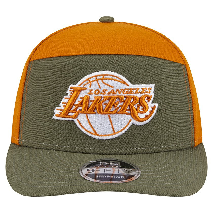 Los Angeles Lakers Two-Tone Color Pack Split Panel 9FIFTY Adjustable Hat - Olive/Burnt Orange | New Era shop