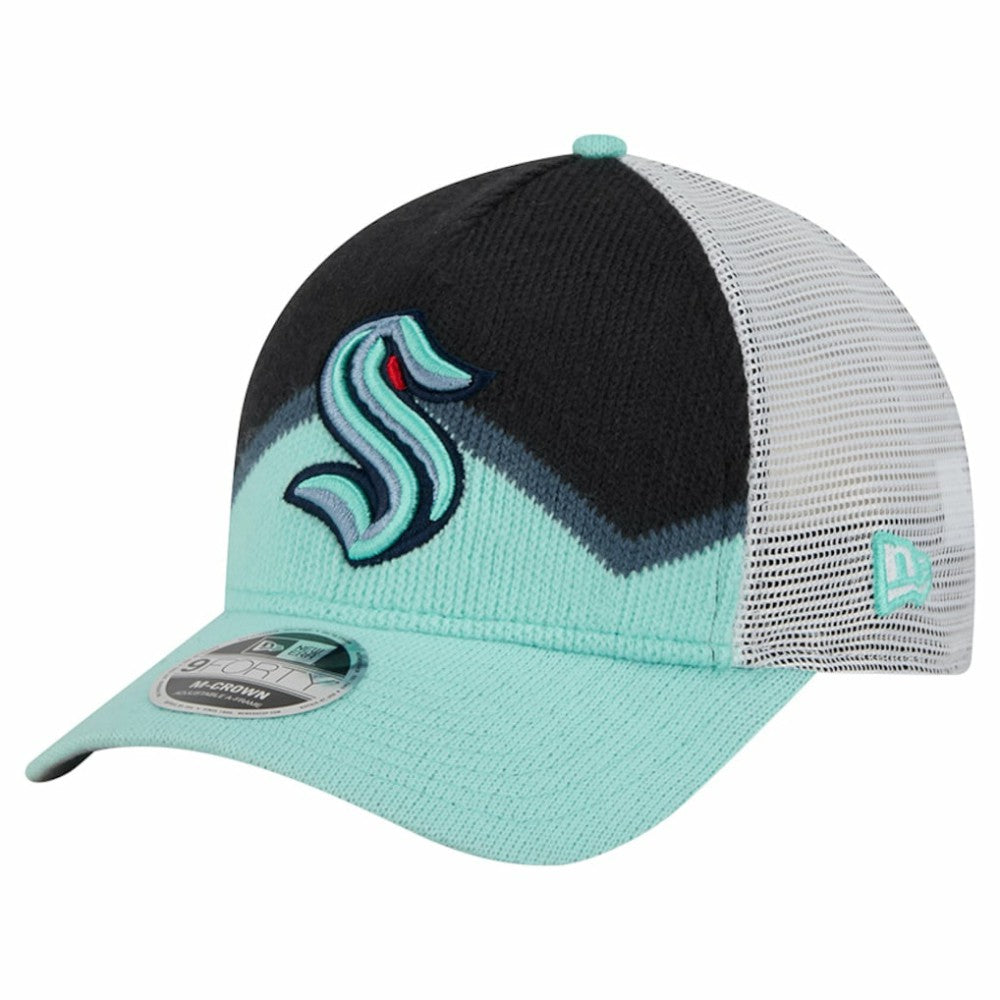 Seattle Kraken New Era Hockey Sock 9FORTY A-Frame M-Crown Adjustable Trucker Hat Light Blue/Deep Sea Blue