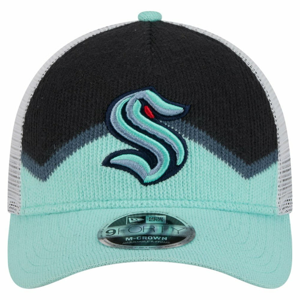Seattle Kraken New Era Hockey Sock 9FORTY A-Frame M-Crown Adjustable Trucker Hat Light Blue/Deep Sea Blue