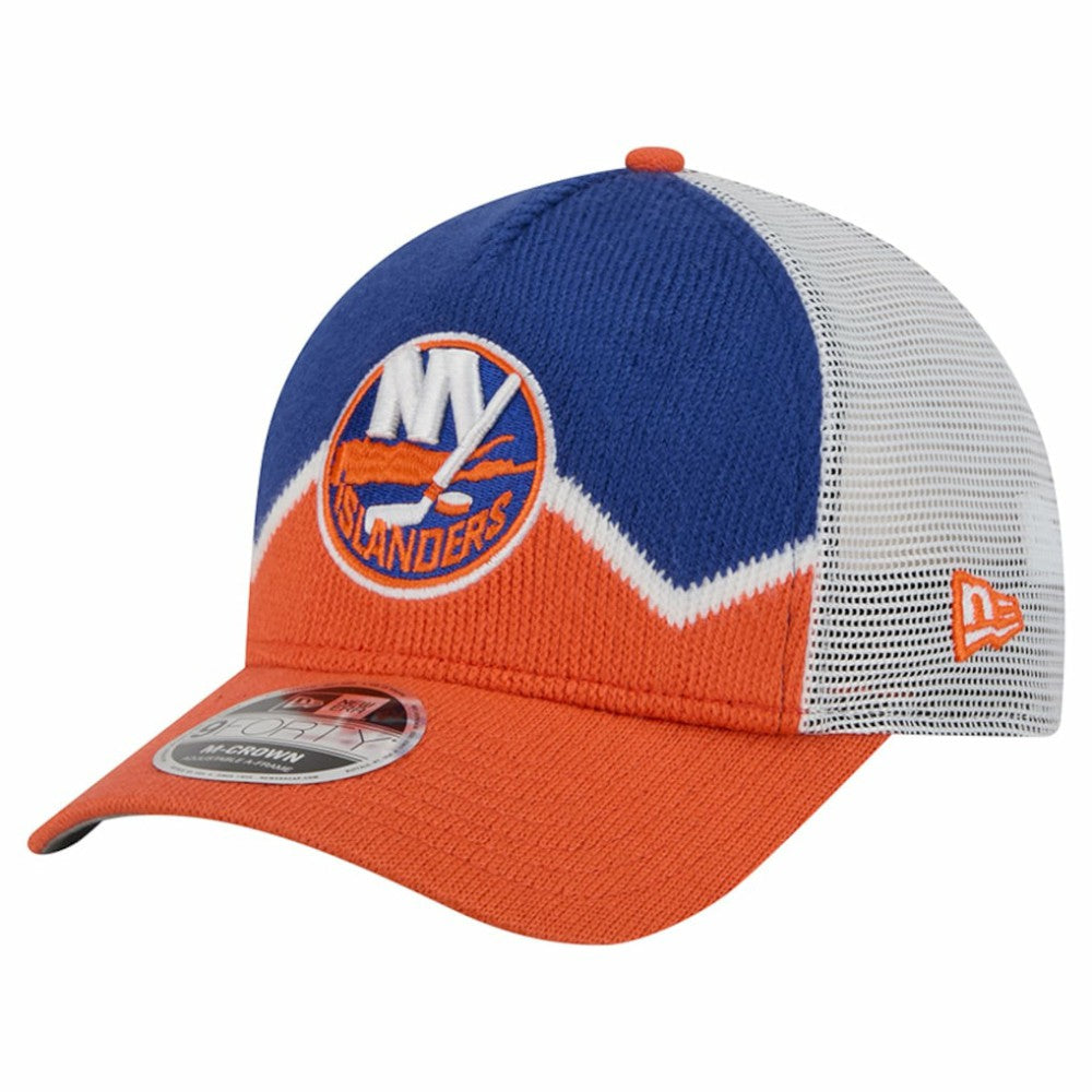 New York Islanders New Era Hockey Sock 9FORTY A-Frame M-Crown Adjustable Trucker Hat Orange/Royal