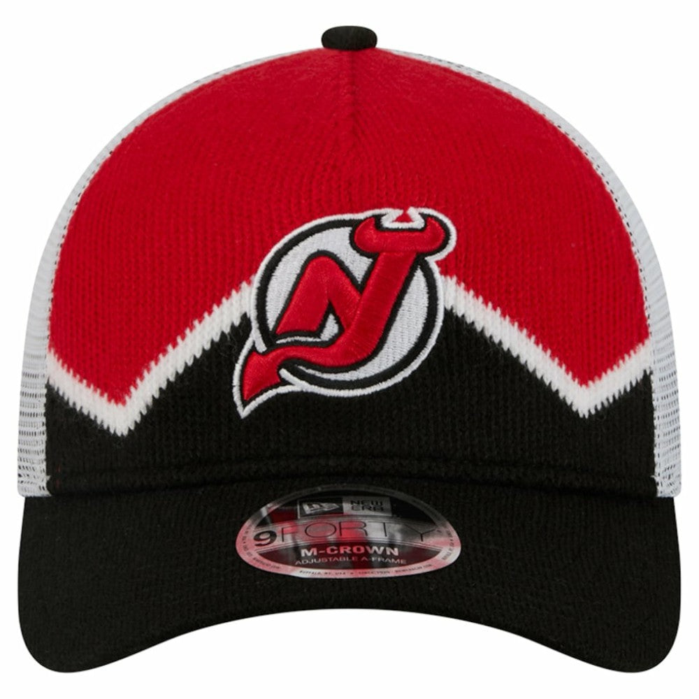New Jersey Devils New Era Hockey Sock 9FORTY A-Frame M-Crown Adjustable Trucker Hat Black/Red
