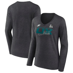 Philadelphia Eagles Women's Super Bowl LIX Quick Pass Long Sleeve V-Neck T-Shirt - Heather Charcoal discount
