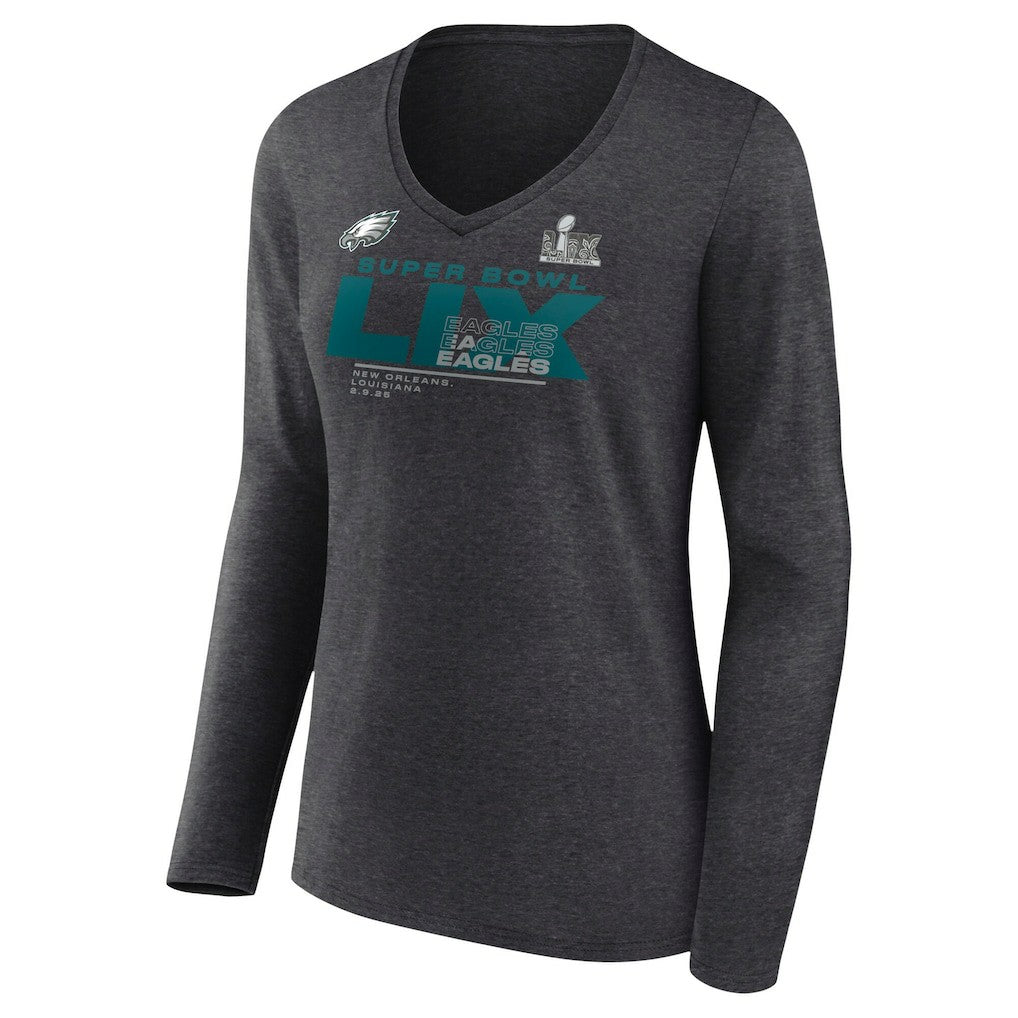 Philadelphia Eagles Women's Super Bowl LIX Quick Pass Long Sleeve V-Neck T-Shirt - Heather Charcoal discount
