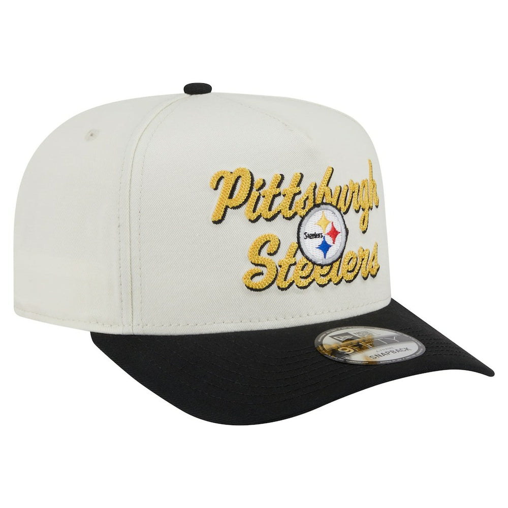Pittsburgh Steelers New Era Chainstitch A-Frame 9FIFTY Adjustable Hat - Cream/Black on sale