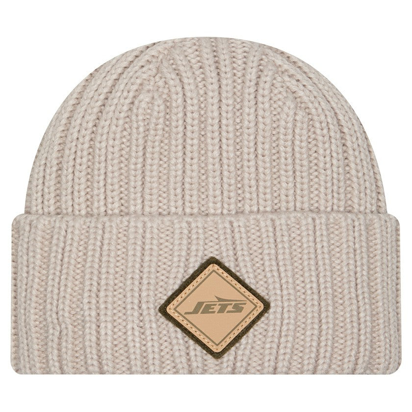 New York Jets New Era Logo Applique Cuffed Knit Hat - Light Beige for sale