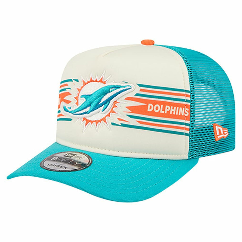 Miami Dolphins New Era Banner A-Frame 9FIFTY Trucker Snapback Hat - Cream/Aqua cheap