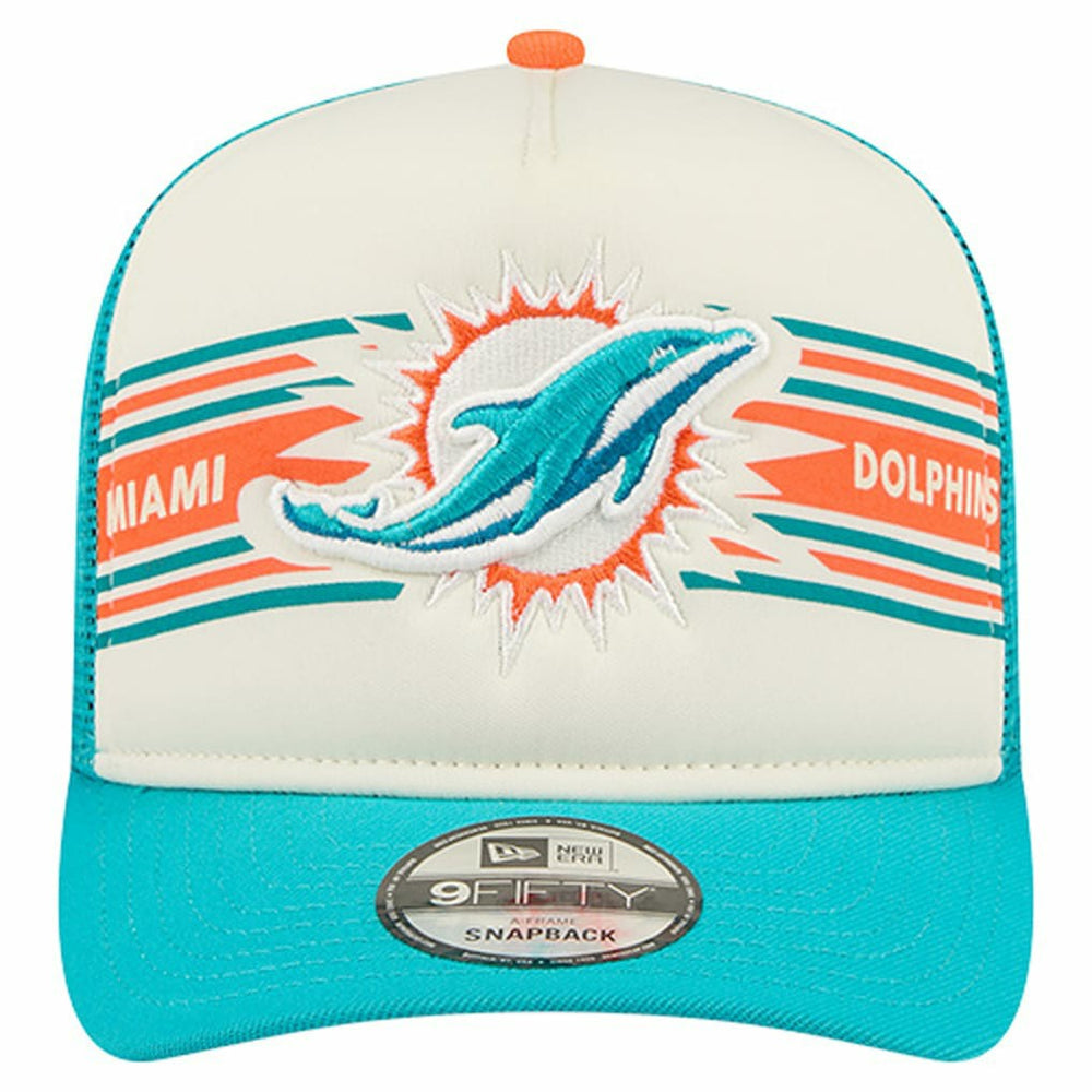 Miami Dolphins New Era Banner A-Frame 9FIFTY Trucker Snapback Hat - Cream/Aqua cheap