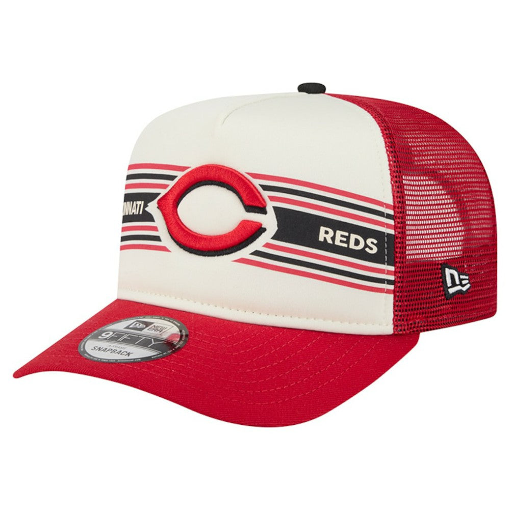 Cincinnati Reds Banner A-Frame 9FIFTY Trucker Snapback Hat - Cream/Red | New Era