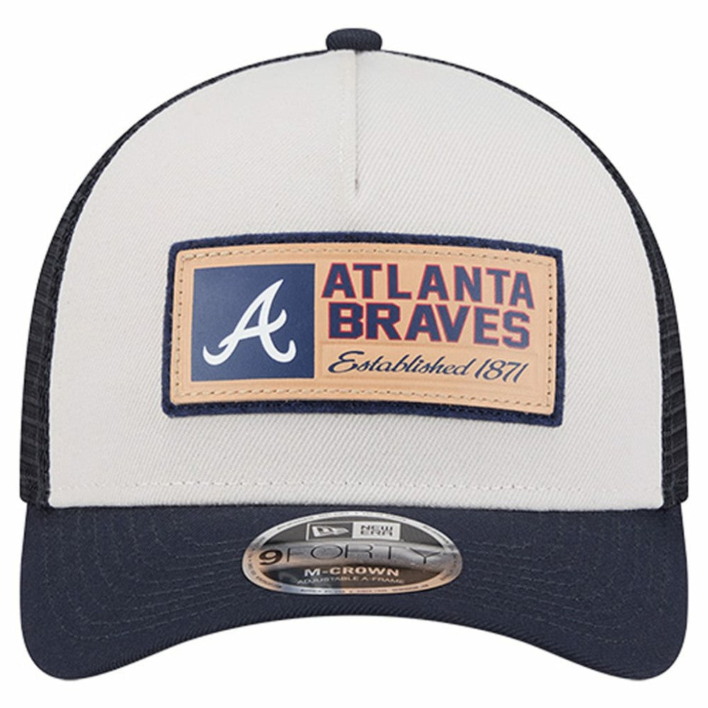 Atlanta Braves Text A-Frame Trucker 9FORTY Hat - Stone/Navy | New Era