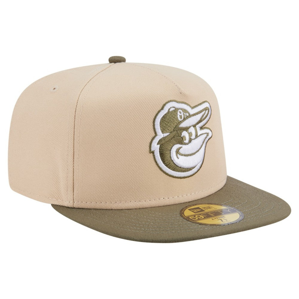 Baltimore Orioles Two-Tone Color Pack A-Frame 59FIFTY Fitted Hat - Light Beige/Olive | New Era