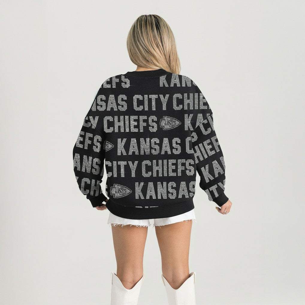 Kansas City Chiefs Gameday Couture Women's Oversized Hype Era Rhinestone Text Sweatshirt - Black for sale