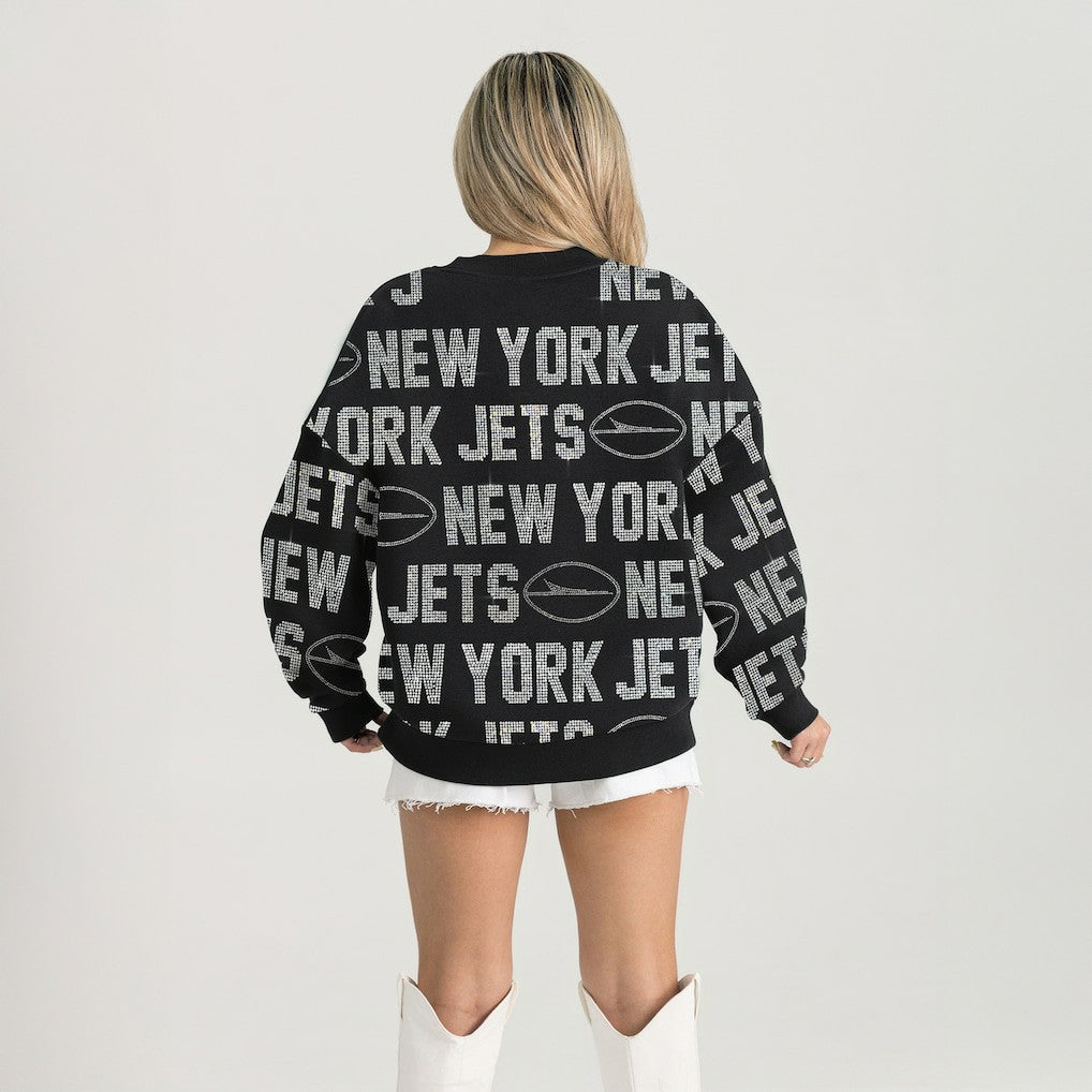 New York Jets Gameday Couture Women's Oversized Hype Era Rhinestone Text Sweatshirt - Black sale