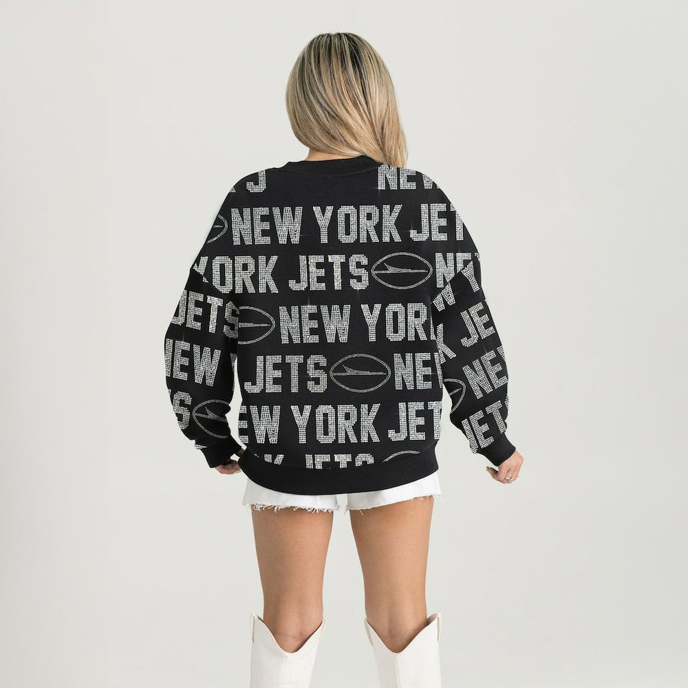 New York Jets Gameday Couture Women's Oversized Hype Era Rhinestone Text Sweatshirt - Black sale