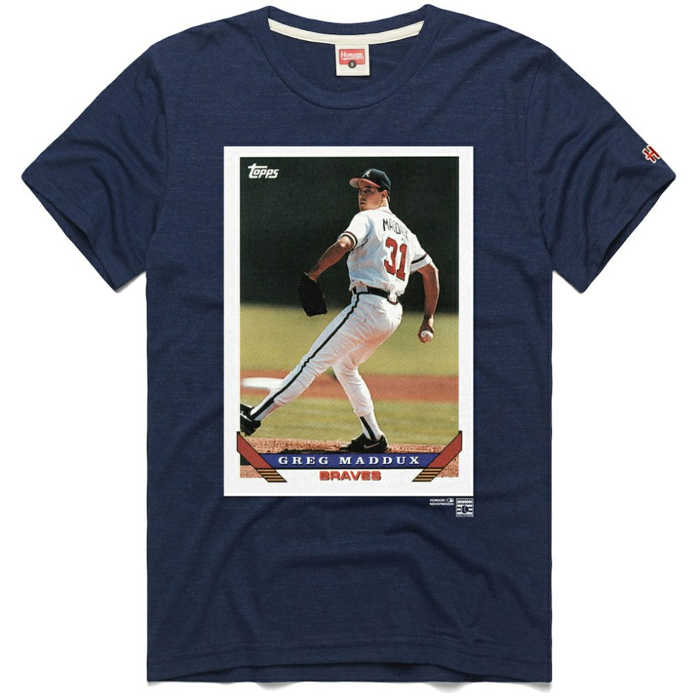 Greg Maddux Atlanta Braves Homage 1993 Topps Baseball Card Player T-Shirt - Navy