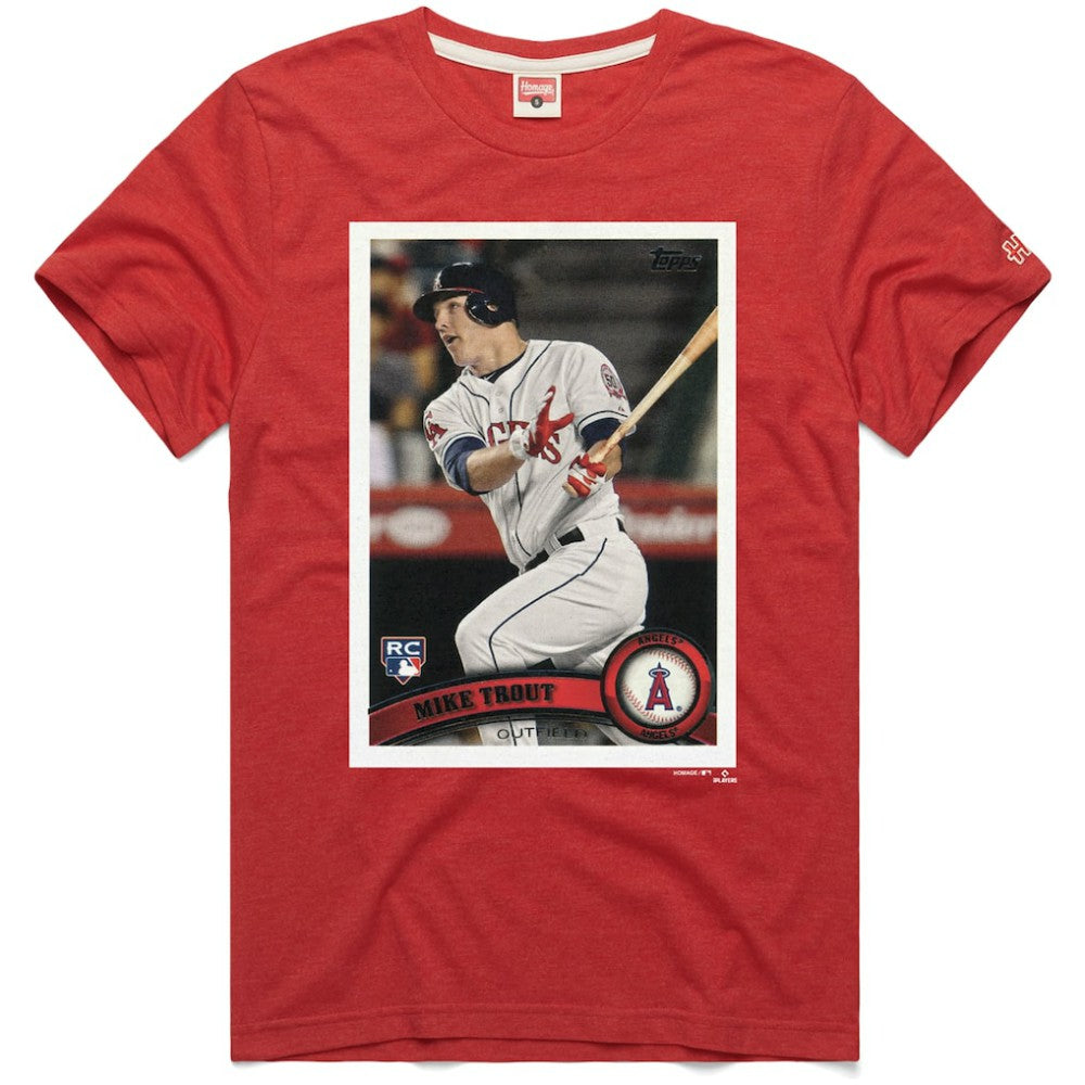 Mike Trout Los Angeles Angels Homage 2011 Topps Baseball Card Player T-Shirt - Red