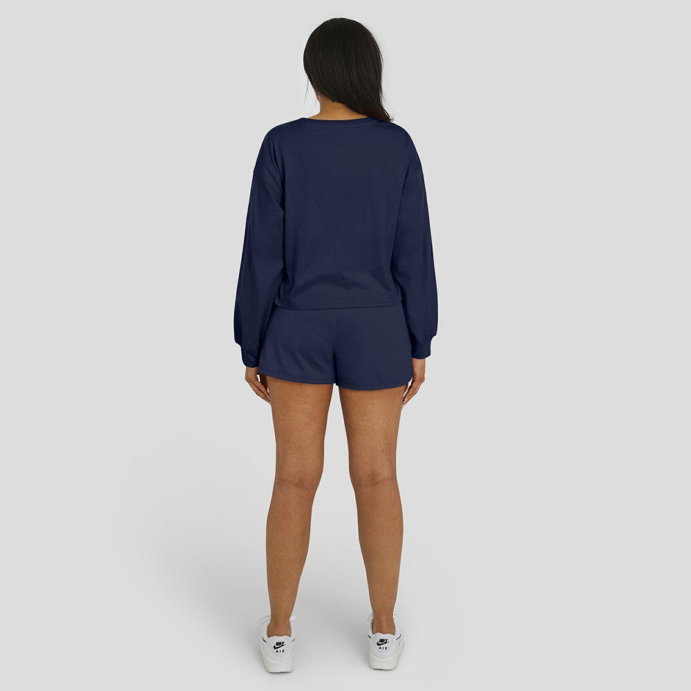 Houston Astros WEAR by Erin Andrews Women's Heavy Rugby Jersey Cropped Long Sleeve T-Shirt & Shorts Lounge Set - Navy