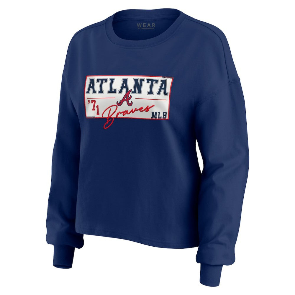 Atlanta Braves WEAR by Erin Andrews Women's Heavy Rugby Jersey Cropped Long Sleeve T-Shirt & Shorts Lounge Set - Navy