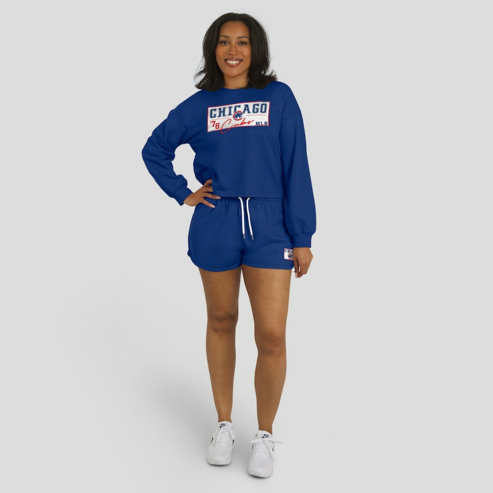Chicago Cubs WEAR by Erin Andrews Women's Heavy Rugby Jersey Cropped Long Sleeve T-Shirt & Shorts Lounge Set - Royal