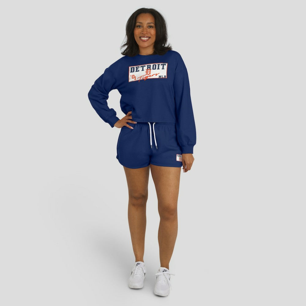 Detroit Tigers WEAR by Erin Andrews Women's Heavy Rugby Jersey Cropped Long Sleeve T-Shirt & Shorts Lounge Set - Navy