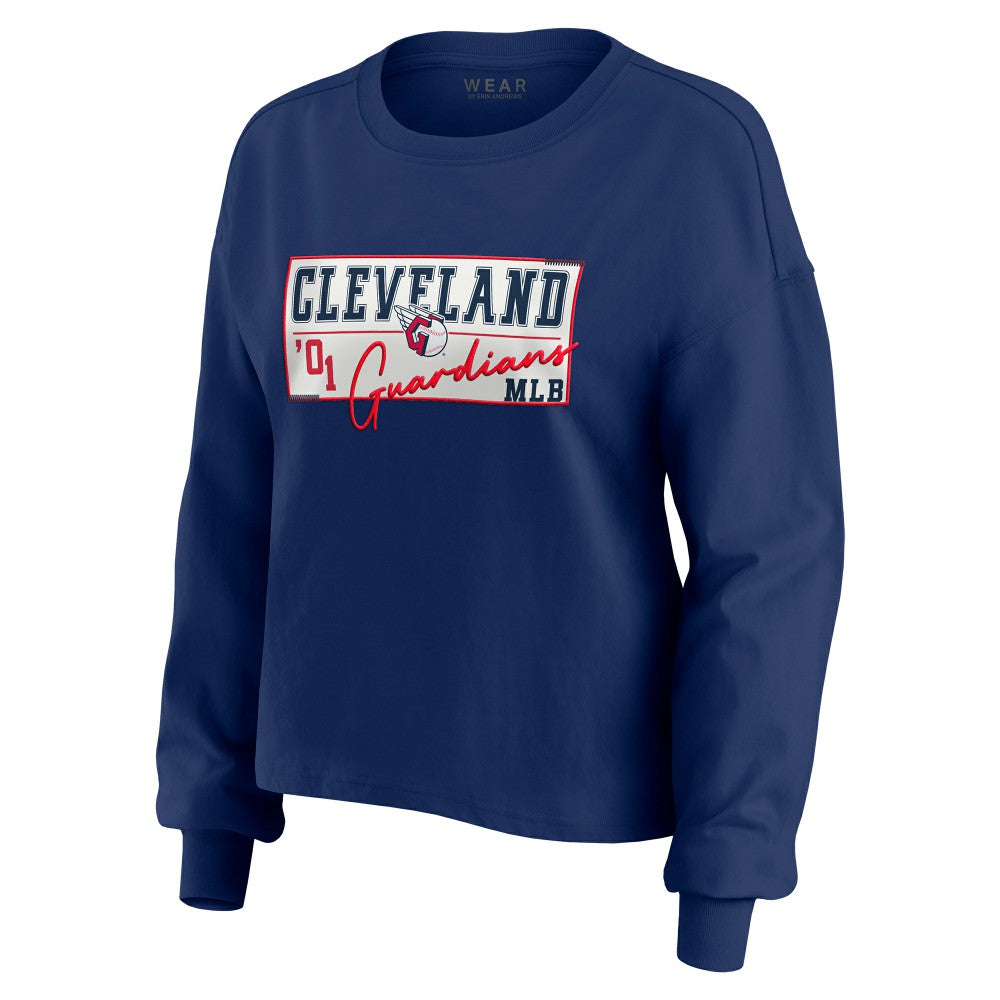Cleveland Guardians WEAR by Erin Andrews Women's Heavy Rugby Jersey Cropped Long Sleeve T-Shirt & Shorts Lounge Set - Navy